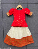 Red Jecquard South Indian style Pattu Pavadai Lehengha with Choli (Chanderi Cotton, Taffeta Silk, Short Sleeves). Kids 18-24 Months & 2-3 Years sizes available