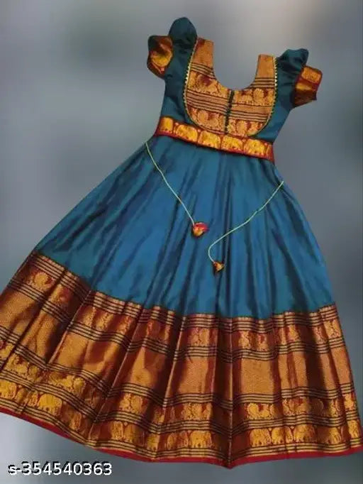 Silk ceremony gown for girls, solid pattern, suitable for weddings & special occasions. Can be paired with earrings and footwear. Made in India (size: 2-3 years)