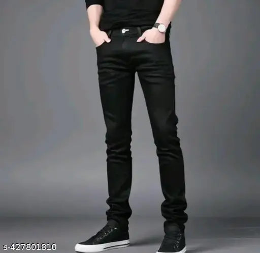 Black denim slim-fit men's jeans, affordable & comfortable, five-pocket design