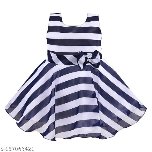 Navy Blue Georgette Sleeveless Striped Dress by Silver Kraft Kids, India