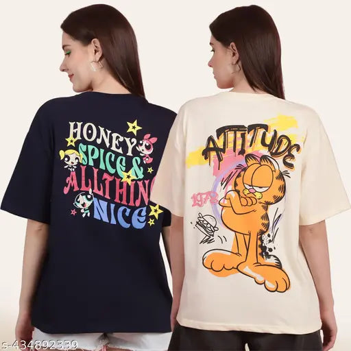 Cotton graphic t-shirt, oversized loose fit, for women, combo set of 2