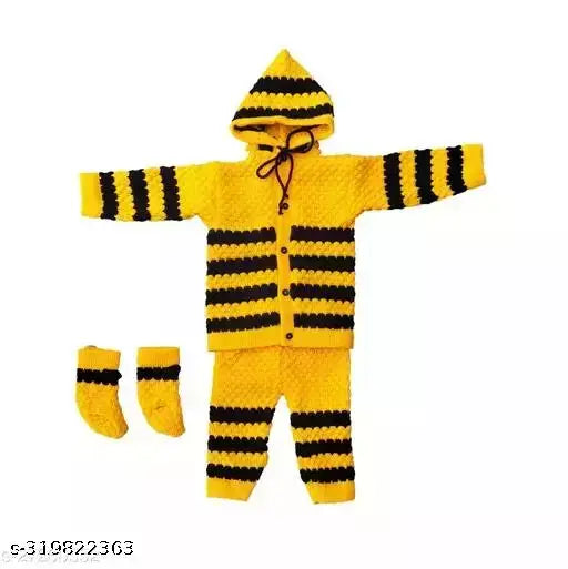 Striped woolen dress set for kids (0-3 months), includes sweater, pajamas, socks & cap. Made in India