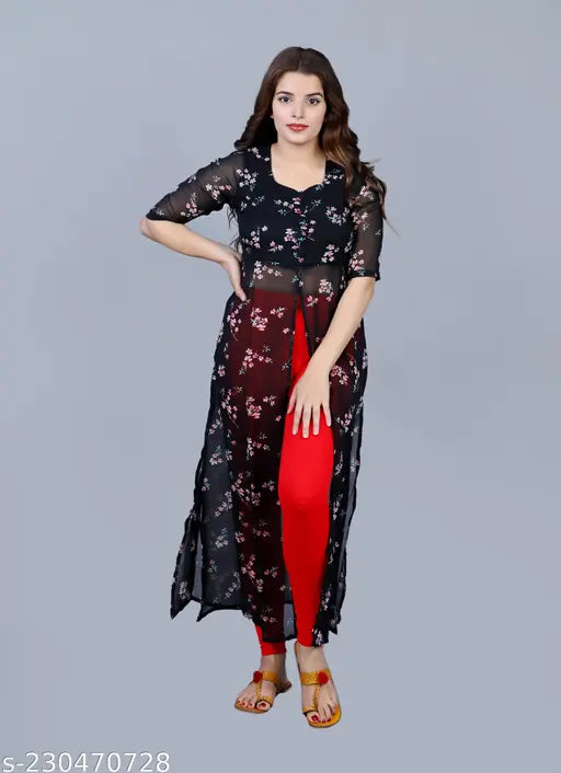 Trendy georgette kurti, three-quarter sleeves, printed combo. S-XXL sizes. Vibrant Indian fashion wear