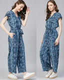 Women's blue striped rayon jumpsuit with front tie-up knot, short sleeves, and side pockets