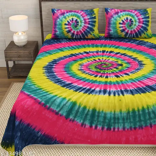 Multicolor tie and dye cotton king size bedsheet with 2 stitched pillow covers, Indian ethnic motifs on superfine quality bed linen