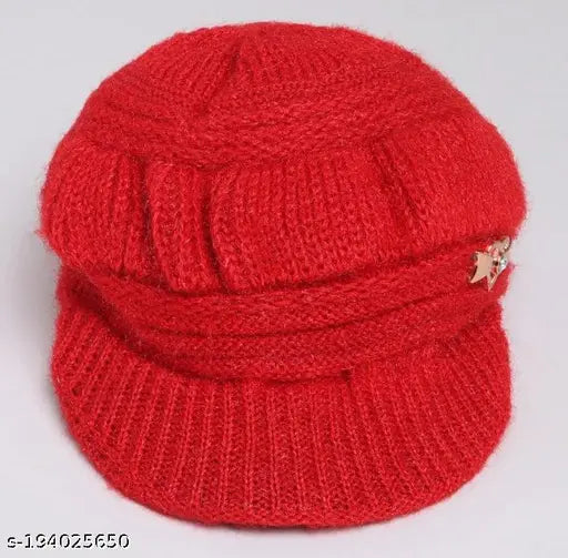 Stylish red wool beanie for winter, 2 layers, ribbed cuff