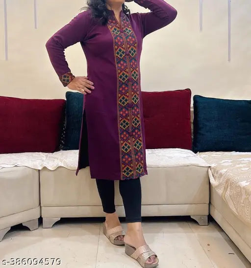 A purple knit wool kurti for women's winter wear