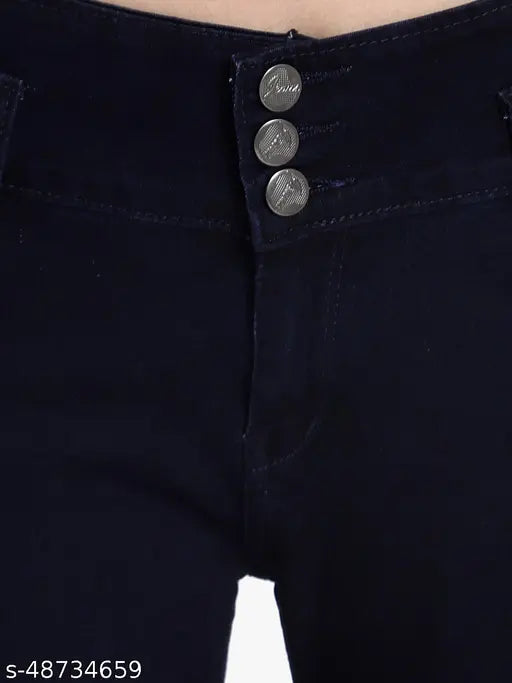 AKACY Women's Slim Fit Cblue Denim Jeans with Three Buttons, Stretchable, Ankle Length