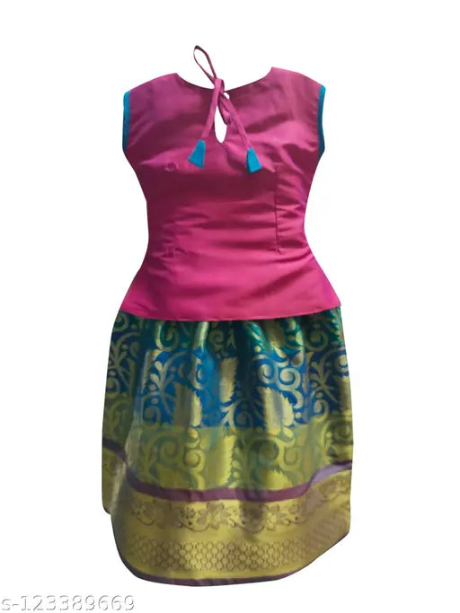 Cotton Silk girls traditional Lehanga choli set, sleeveless, solid pattern for festivals and traditional gatherings (6-8 years) - Indian handcrafted kid's dress set