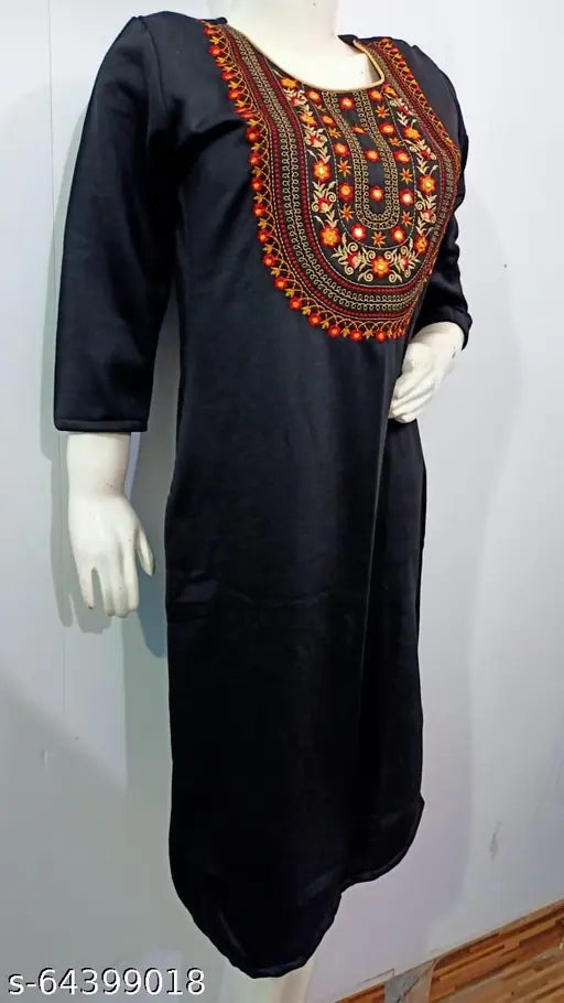Black straight cut woollen kurta, embroidery detail on bodice
