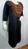Black straight cut woollen kurta, embroidery detail on bodice