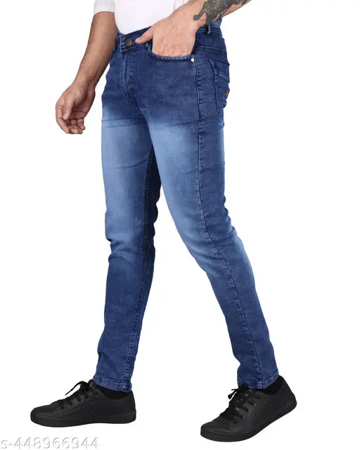 Mid-rise blue denim men's slim fit jeans