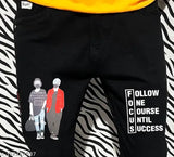 Men's black handmade designer jeans, denim with placement print, size 28 (28in/39in), unique & trending, made in India