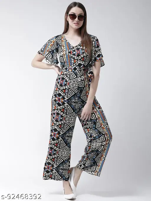 Multicolor printed rayon jumpsuit for women, short sleeves, tropical print design, size L (38in bust, 24in length, 32in waist)