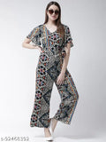Multicolor printed rayon jumpsuit for women, short sleeves, tropical print design, size L (38in bust, 24in length, 32in waist)