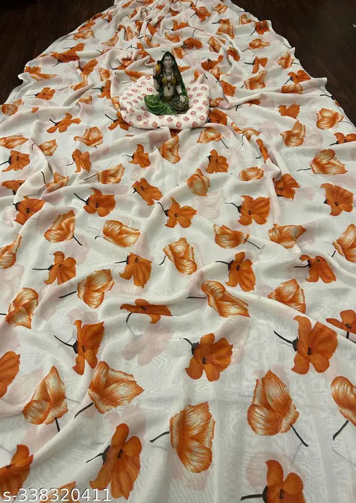 Georgette saree, leheriya, red and orange floral pattern, trending