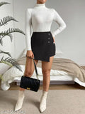 Black layered midi skirt, high waist, button closure