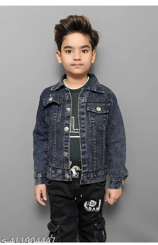 Dark blue denim jacket, long sleeves, buttoned front, youthful style