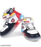 White and blue sneakers with red, yellow, and black accents, sport lighting design, gray soles