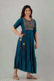 Dark blue embroidered Anarkali kurta, short sleeves, rayon fabric - traditional Indian outfit for festive events