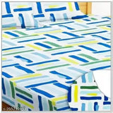 Elastic cotton, geometric-patterned fitted bedsheet & 2 pillow covers - ideal for adult's summer sleep, Indian origin