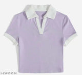 Colorblocked cotton crop collar zip t-shirt, short sleeves, India-made fashion clothing