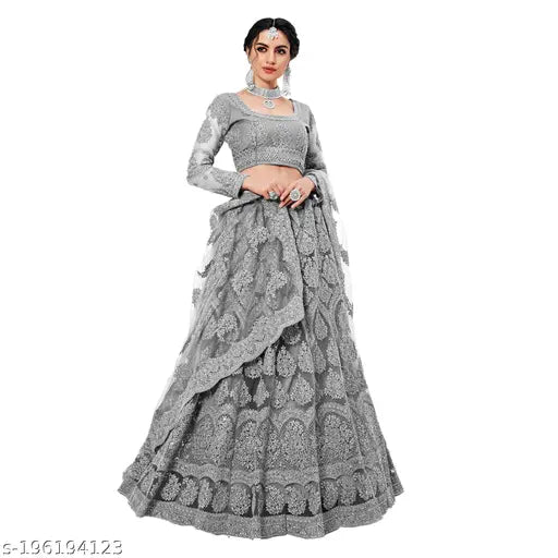 Fleared chain embroidered net lehenga choli with zari work, semi-stitched Indian traditional wedding outfit