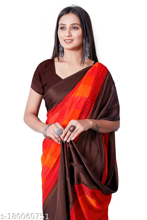 A sleek satin patte saree with unstitched blouse, in earthy tones