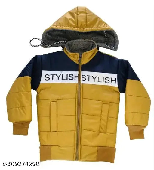 Yellow and blue treandy winter jacket, hooded, zip closure, insulated, for boys