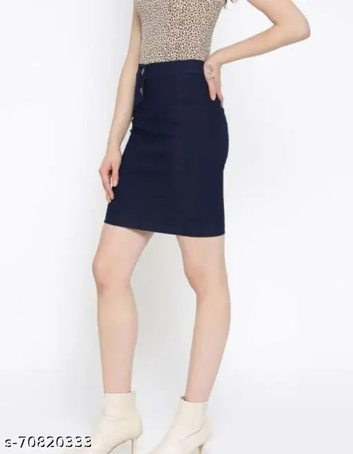 Womens short skirt, blue faux leather material, mid-length, zip front closure