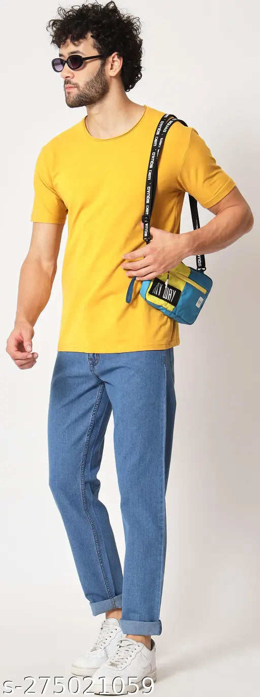 Blue light cotton denim men's jeans, solid pattern, size 32 (waist 32in, length 39in), India origin