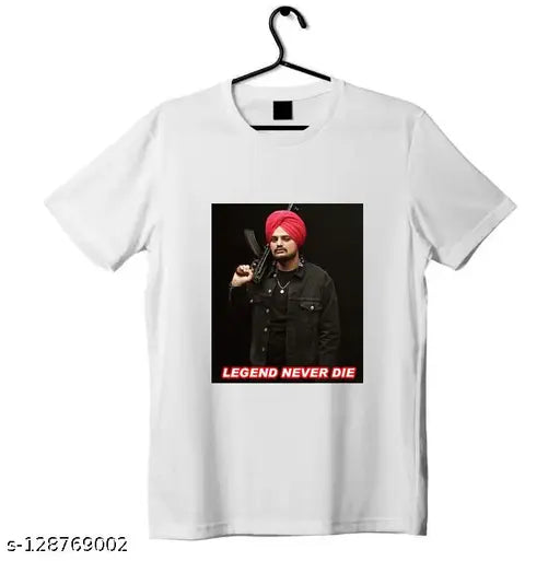Legend Sidhu Moosewala polyester t-shirt in bold printed design, short sleeves, size [Size], Indian origin