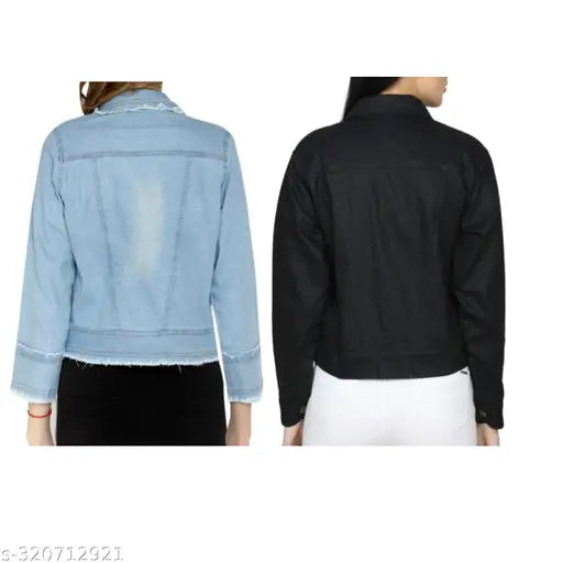 Denim jean jacket, black lapel design, girls, trendy, casual style, denim fashion