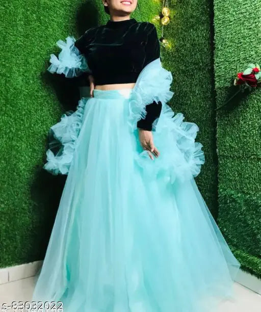 Navy blue velvet and sky net wedding designer lehenga choli for women, featuring a solid top, simple bottom, and ruffle dupatta. Unstitched, free size (waist 44m, length 48m, dupatta length 2m). Sky lehenga choli set on display