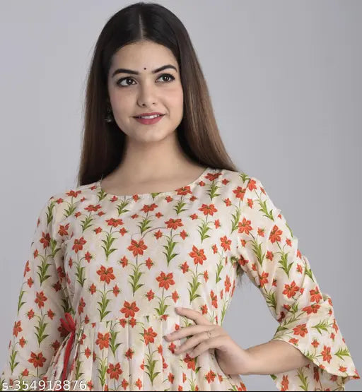 Printed cream Anarkali rayon dress with three-quarter sleeves, intricate printed combo on women's fashion. S (36in bust, 44in length), M (38in bust, 46in length), L (40in bust, 46in length), XL (42in bust, 46in length), XXL (44in bust, 46in length), XXXL, 4XL (48in bust, 46in length) - India origin