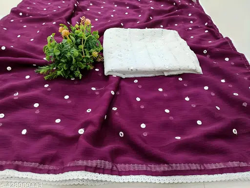 Embellished Zamato-Chiffon Indian saree with matching embroidered blouse, free size, yellow and sequence design, ready to wear for women's parties or weddings. Made in India