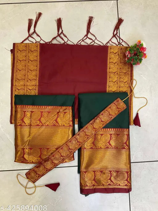 New Traditional Kids Unstitched Half Saree in Litchi Silk, woven design for little girls. Unstitched blouse and lehenga with tasseled dupatta and belt included, handcrafted in India