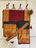 New Traditional Kids Unstitched Half Saree in Litchi Silk, woven design for little girls. Unstitched blouse and lehenga with tasseled dupatta and belt included, handcrafted in India