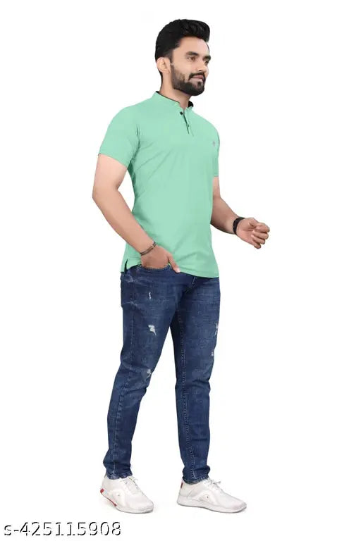 Modal Chinese collar T-shirt, solid color, short sleeves, stretchable LYCRA MICRO MATTY fabric from India