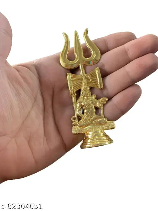 Golden brass Shiva Trishul statue for Hindu home decor, 11cm tall