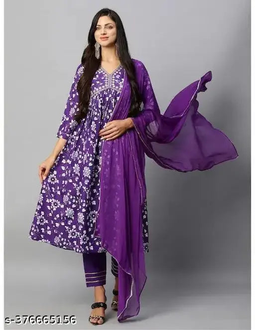 Viscose rayon Alia Cut dress ensemble, vibrant printed kurta with dupatta and pants set, three-quarter sleeves, versatile for any occasion