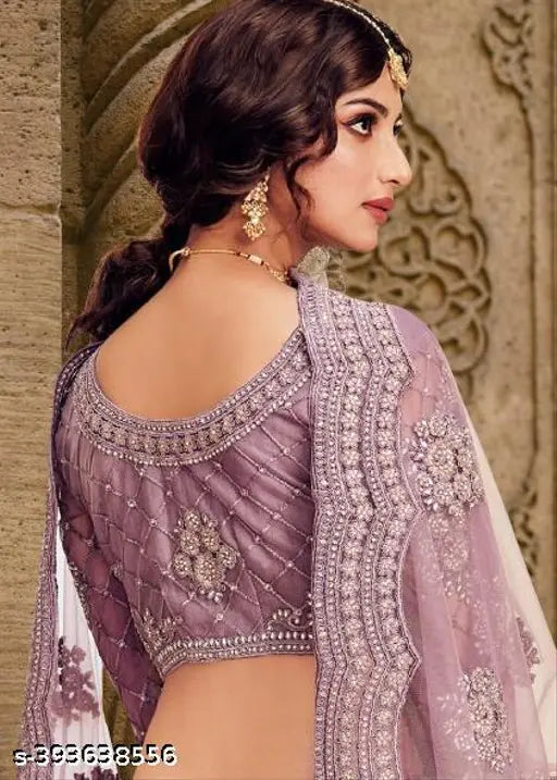 Purple semi-stitched lehenga set, floral embellished net fabric for women's ethnic wear, Indian bridal outfit