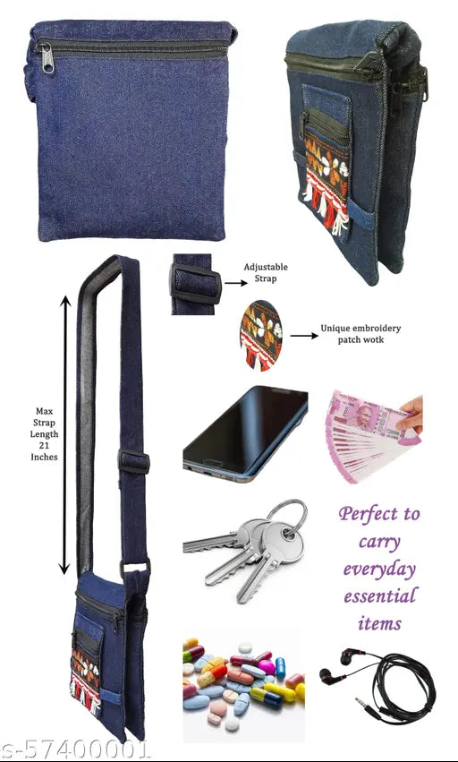 Dark blue denim crossbody messenger bag with two straps, featuring an adjustable sling design, perfect for everyday essentials. Includes a keychain and two pockets
