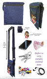 Dark blue denim crossbody messenger bag with two straps, featuring an adjustable sling design, perfect for everyday essentials. Includes a keychain and two pockets