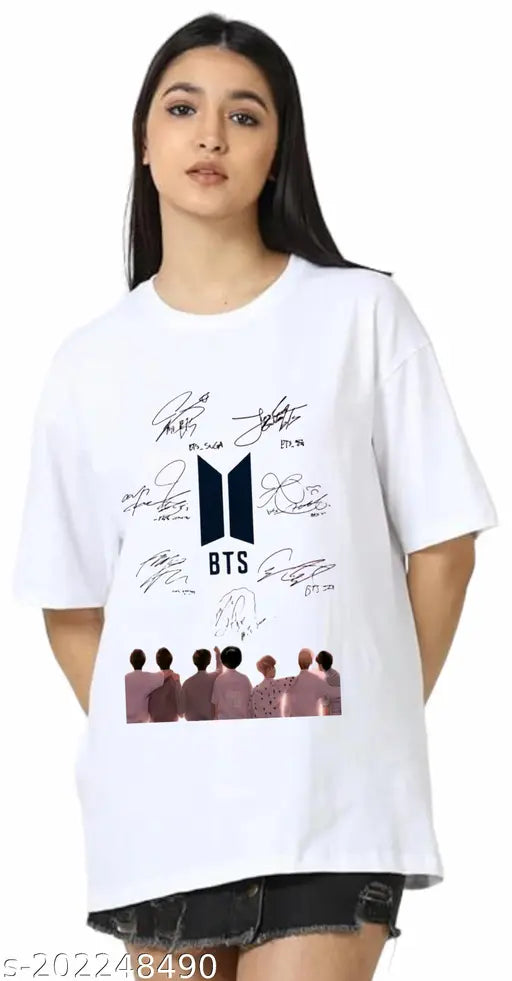 White cotton blend oversized Bts T-shirt with printed sign, women's short sleeve