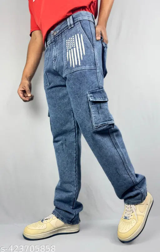 Blue printed baggy cargo jeans for men - denim, eye-catching prints, durable & versatile, modern twist on traditional cargo design