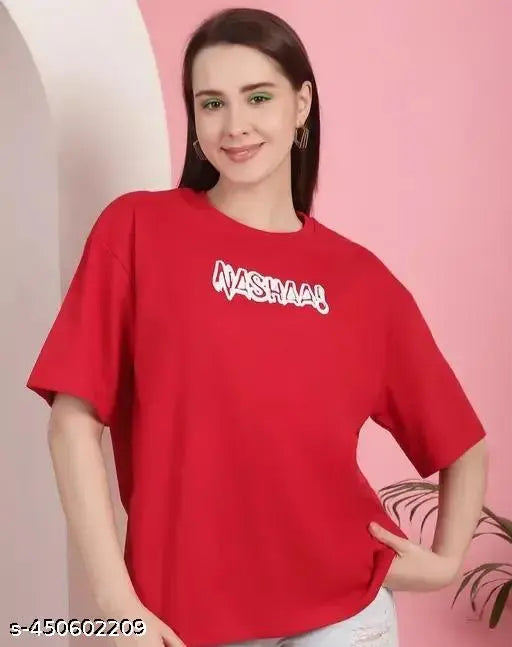 Graphic printed oversized t-shirt for women with red background