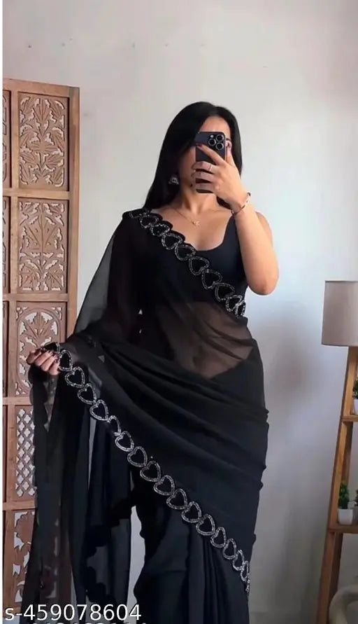Black Georgette saree with running blouse, solid pattern, free size, 5.5m length, India-made