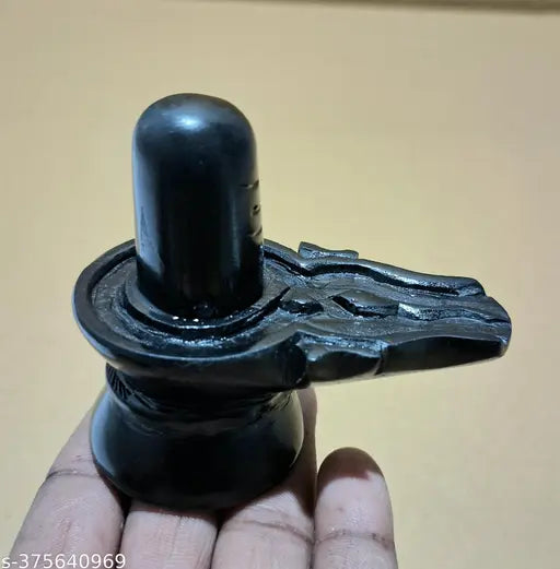 Marble stone Shivling murti, detailed view of intricate design, black Shivling for home, India origin