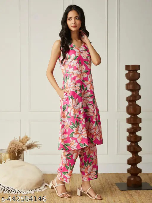Printed Coords Set for Women in Green, Rust, Pink, Yellow - Sleeveless floral lace kurta with hip-length palazzos. Indian poly-blend coord set for various occasions, sizes S to XXL